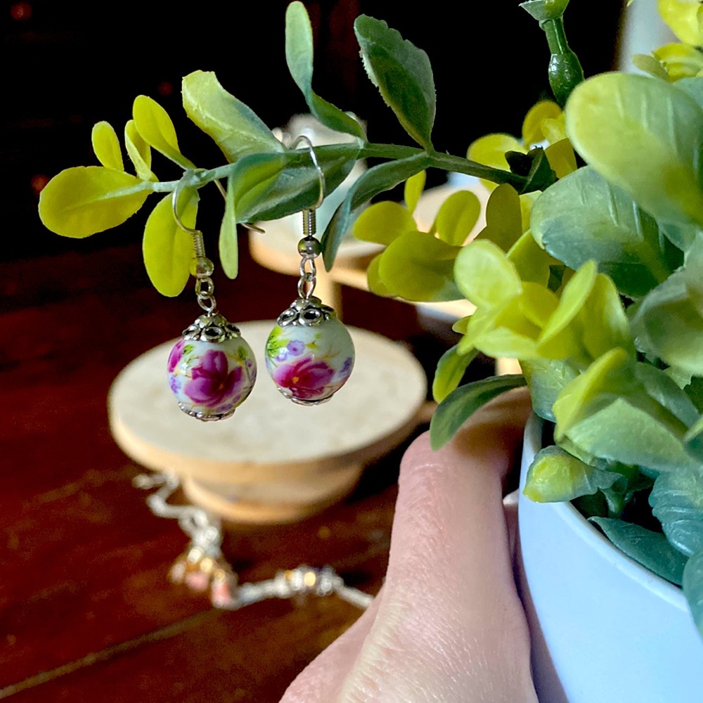 Handmade porcelain floral bead earrings 925